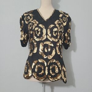 Vintage Stenay Silk Elegant Black and Gold Beaded Sequin Top 80s90s Dynasty Look